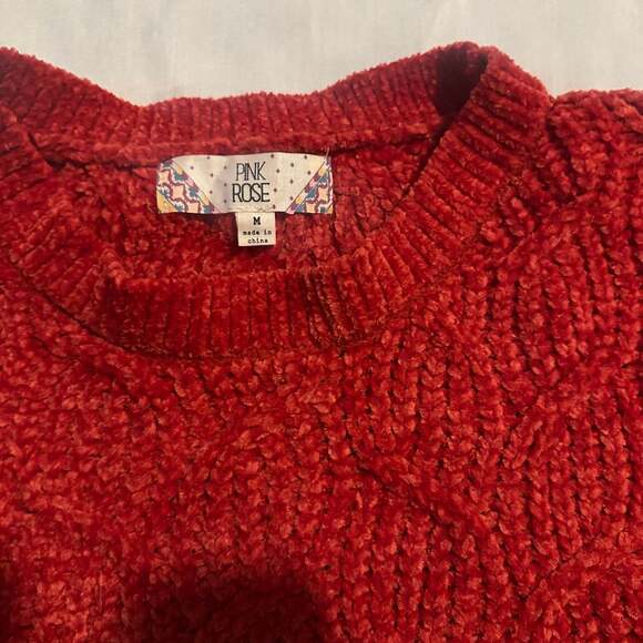 Womens Red Knit Cottage Core Textured Sweater Pink Rose Med - Picture 2 of 6